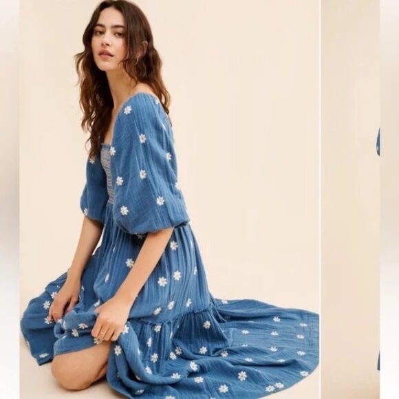Free People Dresses & Skirts - Free People Dahlia Dress Womens Small Boho Cottage Embroidered Maxi Summer Blue